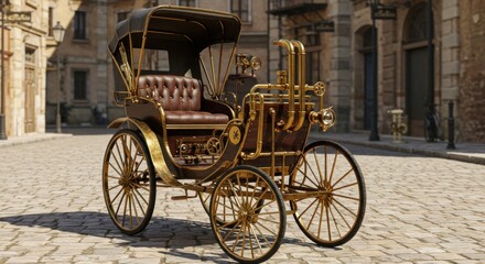 Vintage steam-powered carriage in cobblestone street