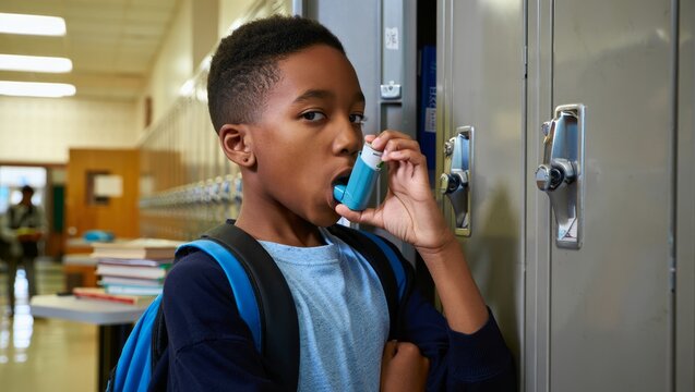 Child using inhaler in school hallway for asthma relief and health awareness