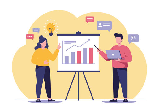 Business colleagues presenting a growth chart on a flip chart, collaborating with ideas and data analysis.