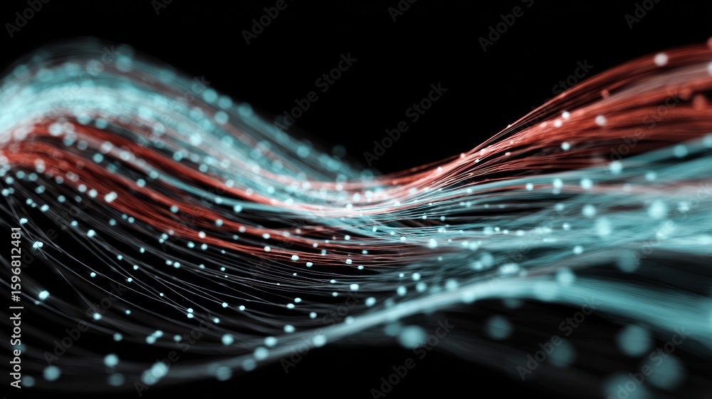 Poster abstract digital network design with interwoven lines and glowing points.