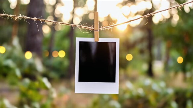 A polaroid hanging on a string with bokeh background