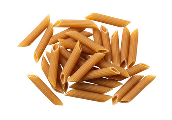 Pile of whole wheat penne pasta on top down view grain