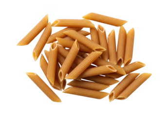 Pile of whole wheat penne pasta on top down view grain