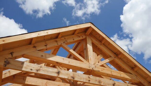 Wooden frame attached to gray roof with sturdy beams. Three logs support structure, two black beams. Blue sky, fluffy white clouds. Off-center wooden frame gives dynamic impression. Rustic wooden