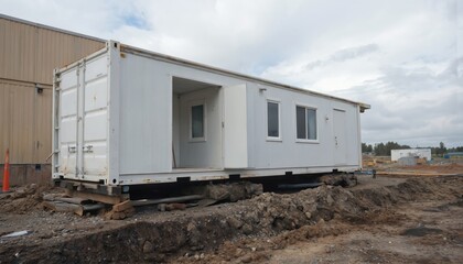 White shipping container positioned on side on construction site. Dirt road with rocks, few trees, buildings in distance. Modern industrial minimalist workspace with machinery, temporary office