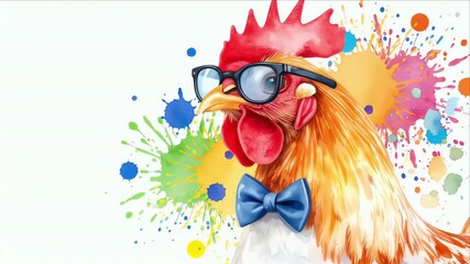 A rooster with glasses and a bow tie amidst colorful paint splashes - Powered by Adobe