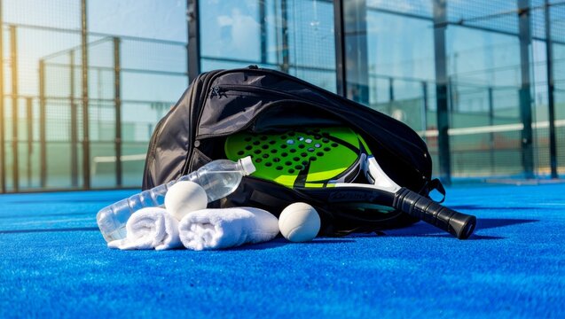 Padel racket and ball on blue court perfect for sports promotion and design