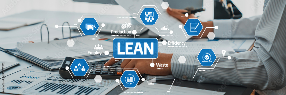 Poster a professional workspace showcasing lean methodologies to optimize production efficiency, reduce was