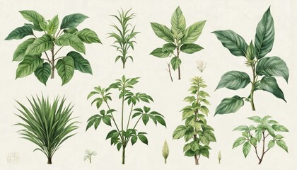 Variety of nine plants in top-down view. Collection of foliage with different leaves, stems, texture. Plants vary in size, color, creating unique design element. Grid arrangement adds visual interest