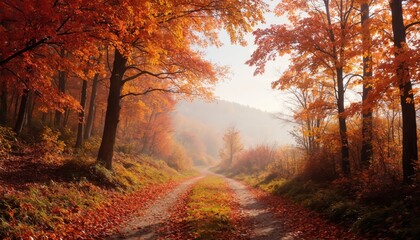 Obraz premium Autumn scene with serene road, bordered by lush plants and vibrant orange trees. Lush foliage, trees stand tall against light blue sky. Gray road leads to quaint house, nestled among trees.