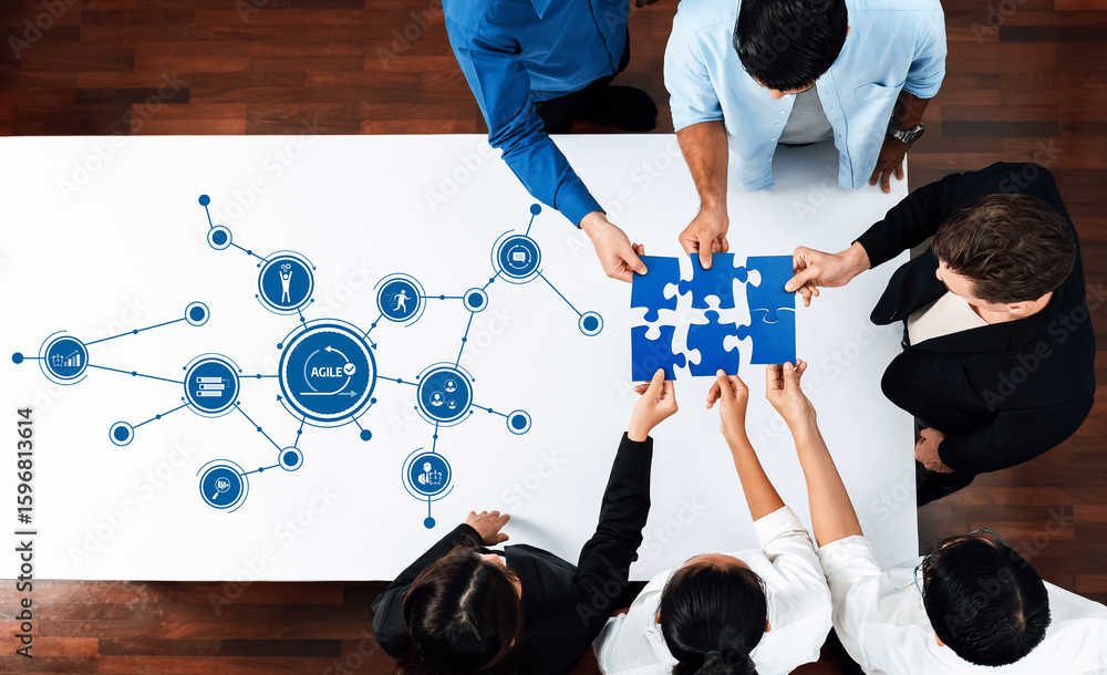 Aufkleber a dynamic scene showcasing a diverse team collaborating over a puzzle on a modern office table, symb