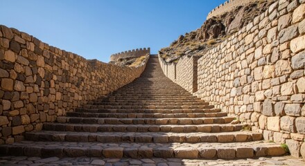 Stone stairs ascend towards an ancient fortress under a clear blue sky