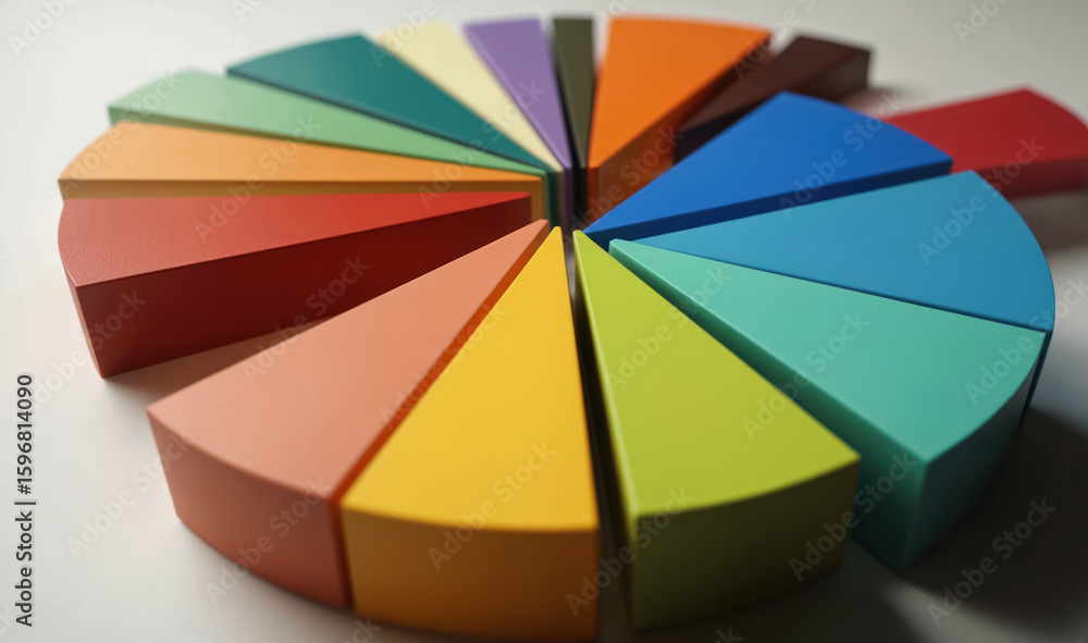 Poster vibrant 12-slice pie chart with distinct colored segments, labeled with numbers in black cursive fon