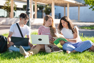 Focused university students collaborating with books and laptops while sitting on grass at campus...