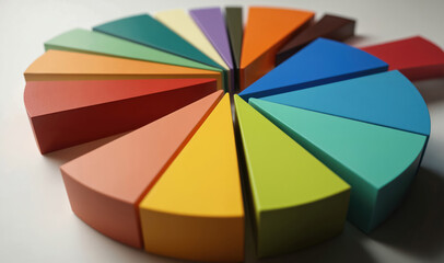 Obraz premium Vibrant 12-slice pie chart with distinct colored segments, labeled with numbers in black cursive font. Gray wall background highlights rich colors and bold numbers.