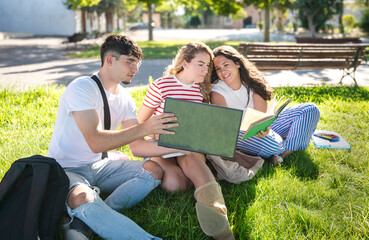 Group of university students studying together on the grass with books and laptop during a sunny day on campus