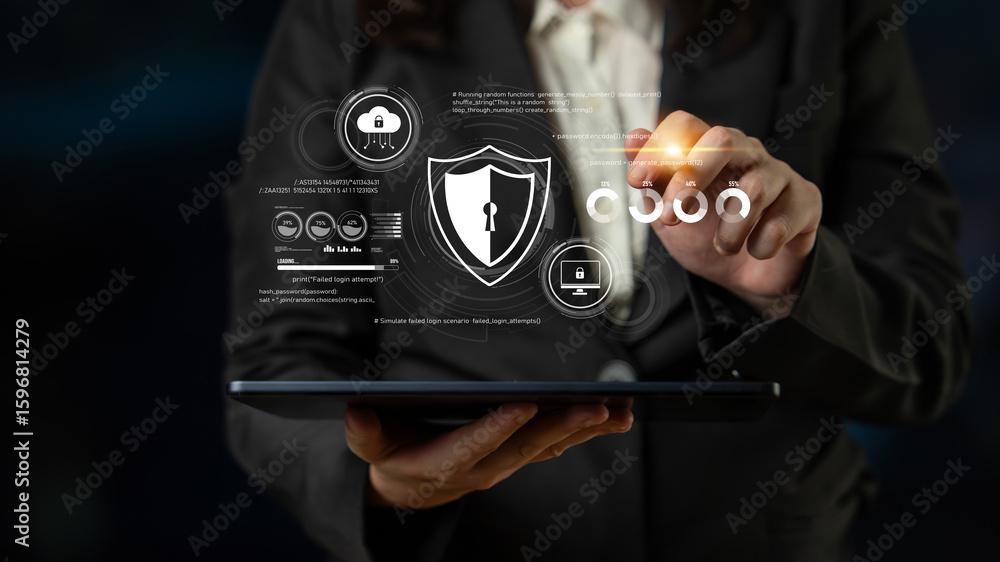 Poster cyber security protects against breaches, hacks, and network attacks using strong infrastructure and