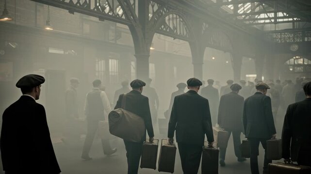 Historical scene unfolds at a bustling vintage train station platform with travelers  on foggy