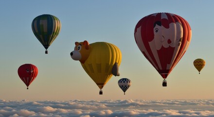 Obraz premium Colorful hot air balloons float above clouds