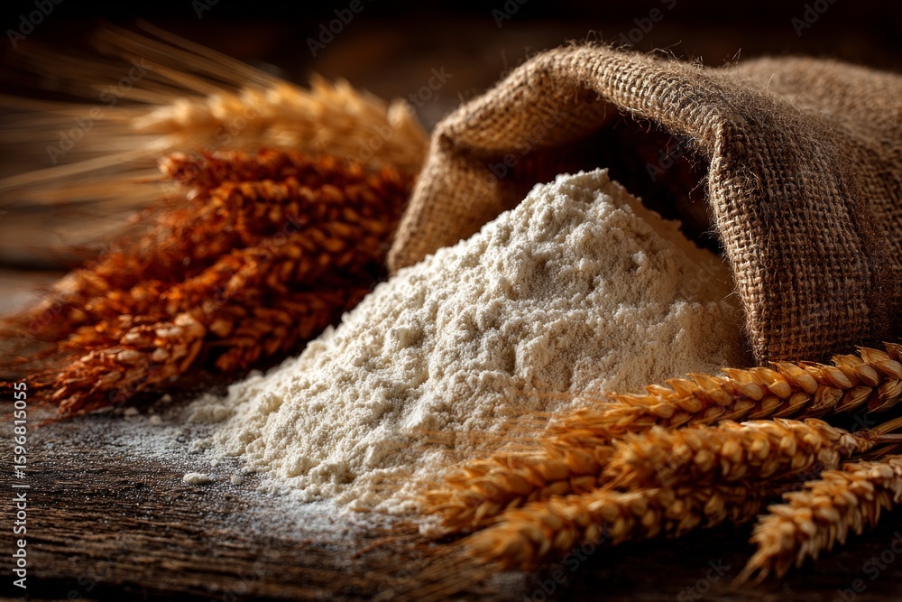 Poster wheat flour pouring from a burlap sack onto a rustic wooden table, surrounded by ears of wheat, crea