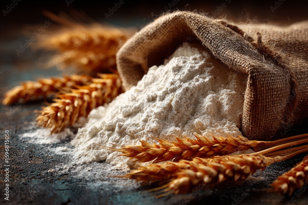 Poster wheat flour pouring from a burlap sack onto a rustic wooden table, surrounded by ears of wheat, crea