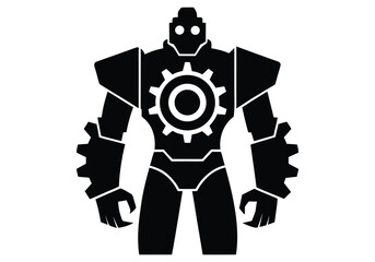 Vector art of a powerful, stylized robot with a gear on its chest stands ready, isolated on white