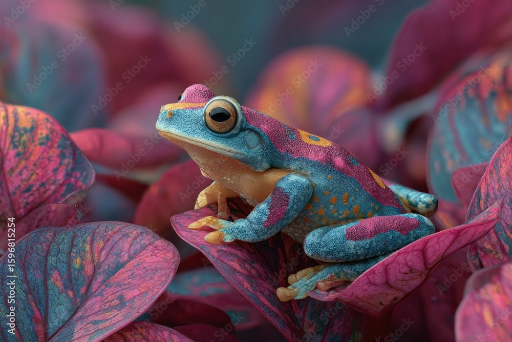 Poster amazon milk frog displaying its vibrant colors while perched on a colorful leaf in the rainforest