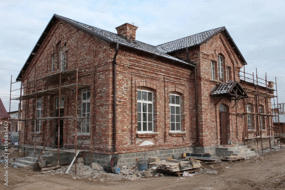 Poster building undergoing renovation with scaffolding and construction materials, showing the process of r