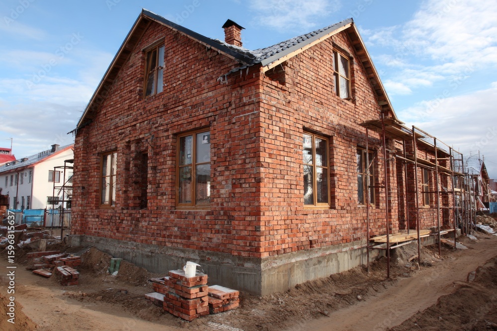 Poster building a new red brick house with scaffolding and windows