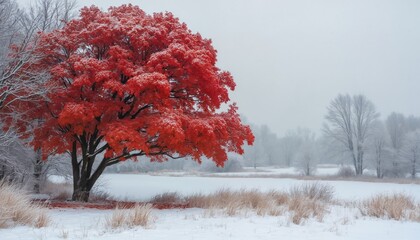 Red maple tree stands alone in snowy winter landscape. Tree leaves covered in snow contrast with blue sky. Snowy forest surroundings with light brown grass. Minimalistic winter scene with focus on