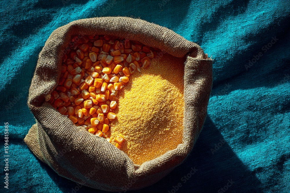 Poster corn kernels and corn flour are displayed in a burlap sack, showcasing the process from grain to flo
