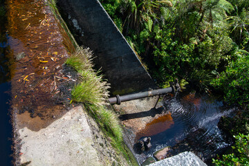 Aerial View of Concrete Structure and Stream in Lush Greenery