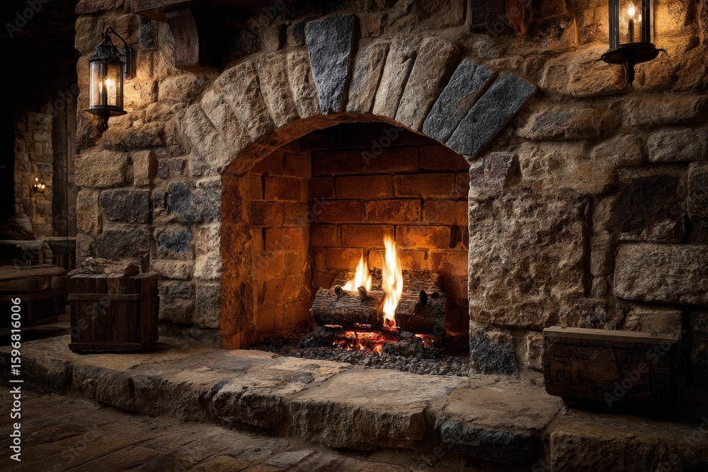 Aufkleber logs burning in a brick fireplace set in a rustic stone hearth create a warm and inviting atmosphere