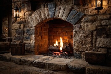 Logs burning in a brick fireplace set in a rustic stone hearth create a warm and inviting atmosphere