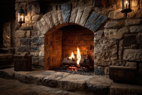 Logs burning in a brick fireplace set in a rustic stone hearth create a warm and inviting atmosphere