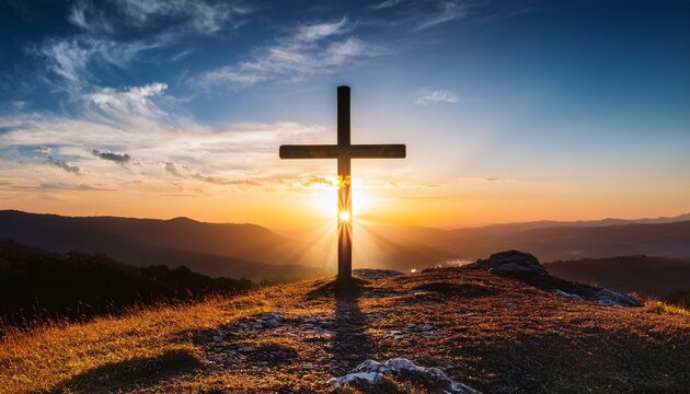 shining cross on calvary hill sunrise sunset sky background copy space ascension day concept christian easter faith in jesus christ christianity church worship salvation concept
