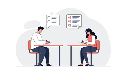 Illustration of students completing examination in modern minimalist style
