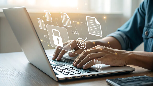 A person is typing on a laptop with digital security icons, highlighting data protection and cybersecurity measures for online information
