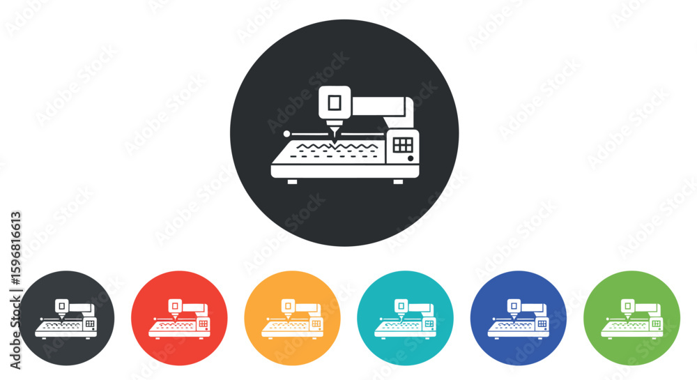 Poster cnc machine symbol in multicolor circle icons for manufacturing and automation