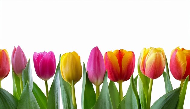 row of colorful tulips with stems and leaves isolated on panoramic white or transparent background spring flowers season png
