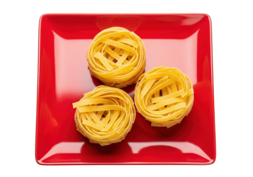 Three nests of uncooked tagliatelle pasta on a red square plate food