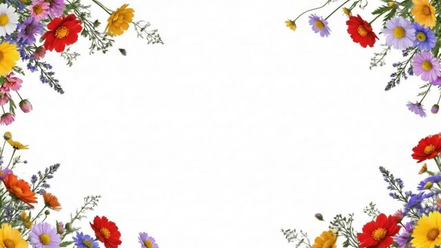 A frame of colorful wildflowers arranged in the corners on a white background