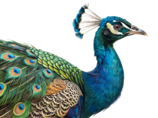 Close up shot of a peacock showing its vibrant blue neck and green feathers in a dark background