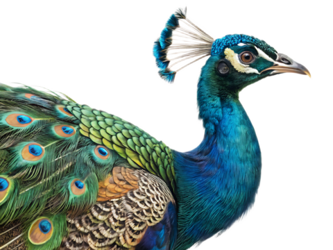 Close up shot of a peacock showing its vibrant blue neck and green feathers in a dark background