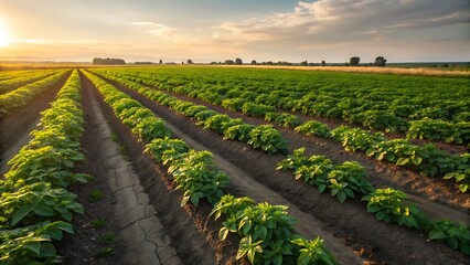 Rows of crops in a field at sunset or sunrise time