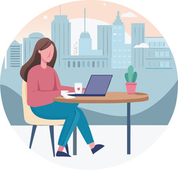 Young Woman Working on Laptop at Outdoor Cafe with City Skyline View