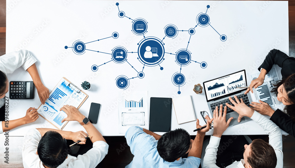 Poster a diverse group collaborates in a modern office, utilizing technology and data analysis tools to dri