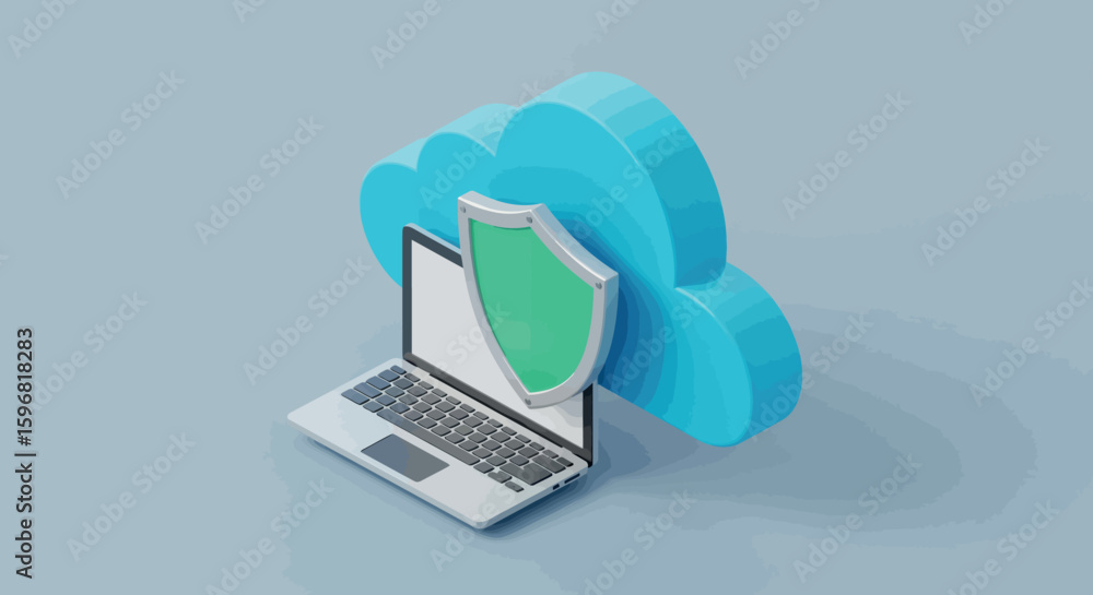 Aufkleber 3d cloud computing security concept with laptop and shield on blue background