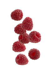 Raspberry with green leaves on white isolated background