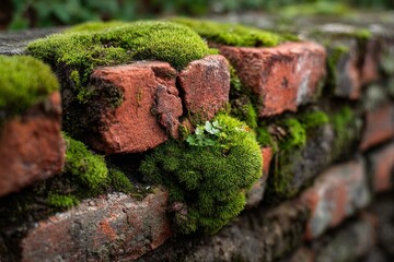 Close up of vibrant green moss growing on a weathered red brick wall, showcasing the beauty of nature reclaiming urban spaces